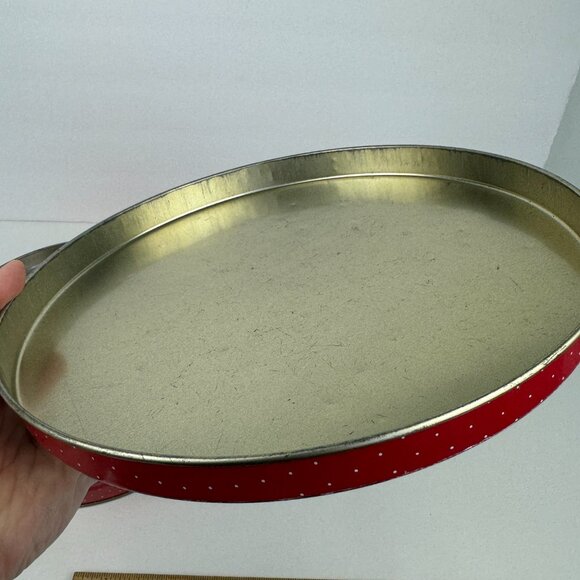 Vtg Round Metal Tin Teddy Bear Happy Holidays Red w Polka Dots 10in Diameter - Picture 9 of 13